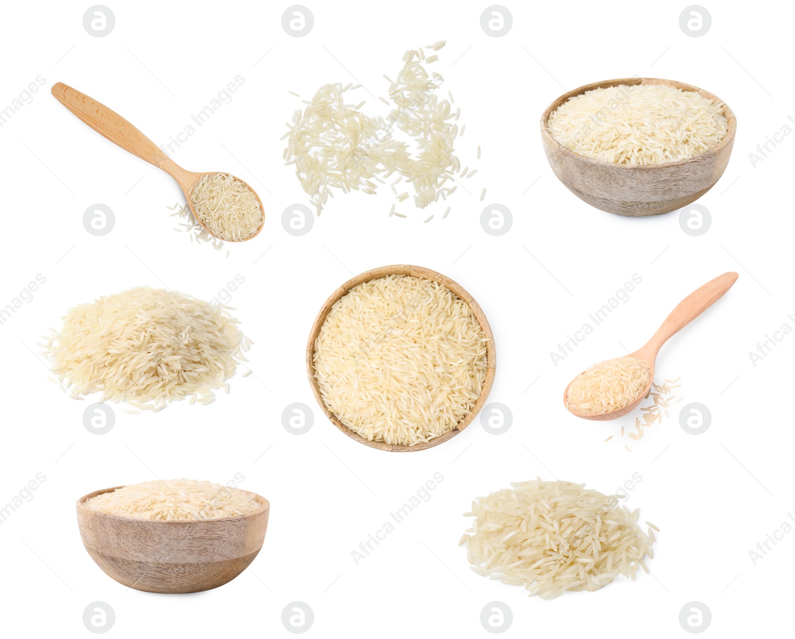 Image of Collage with uncooked rice isolated on white