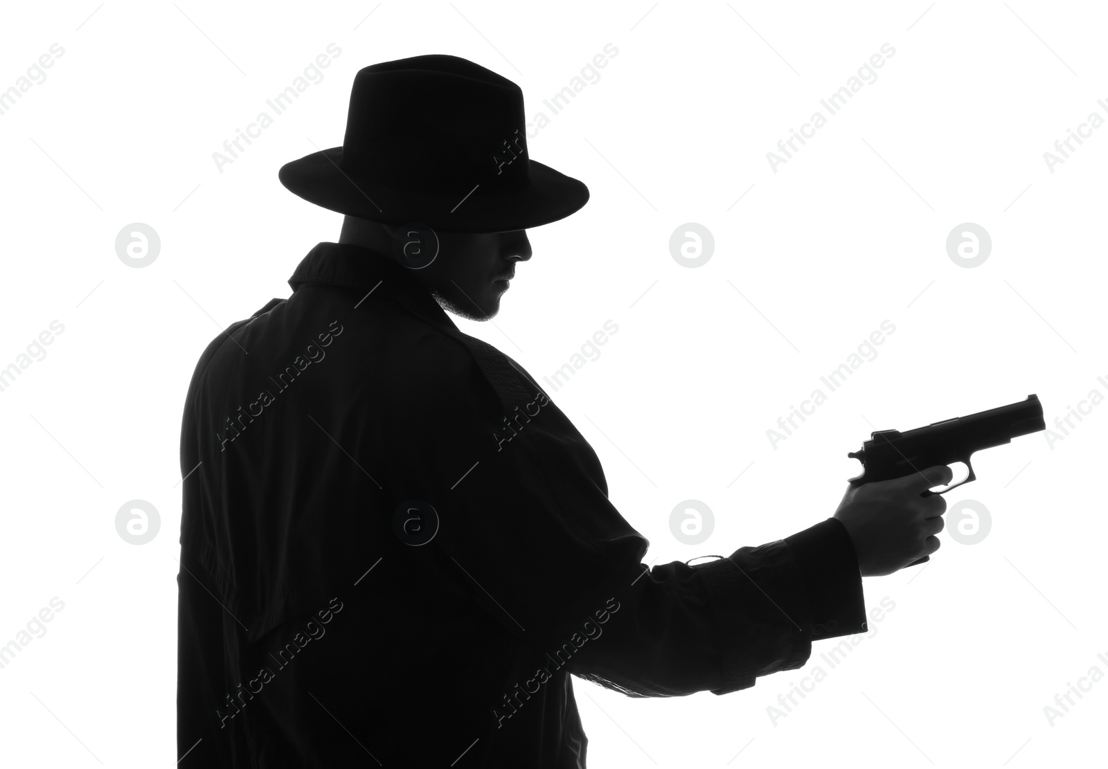 Photo of Old fashioned detective with gun on white background