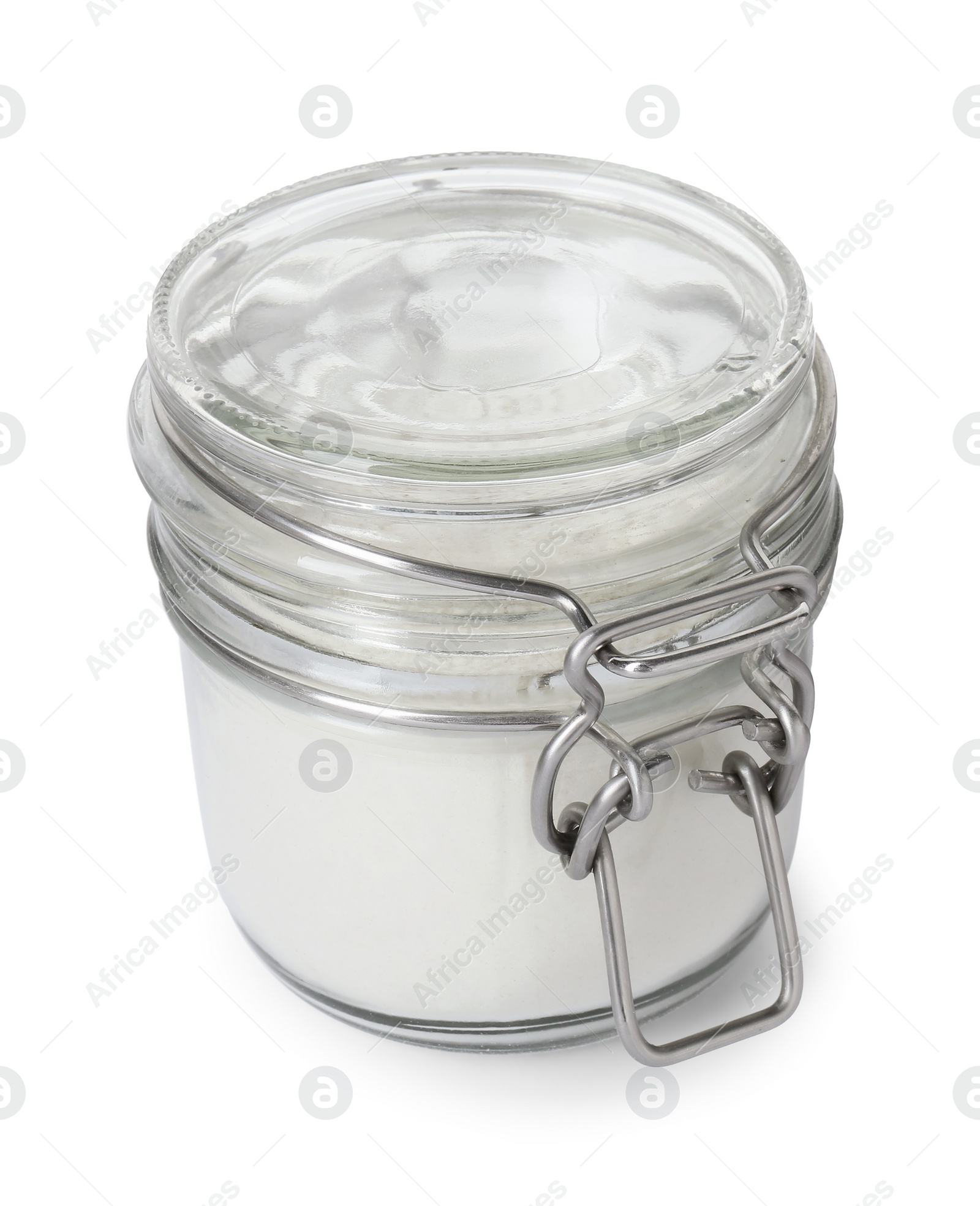 Photo of Baking powder in glass jar isolated on white