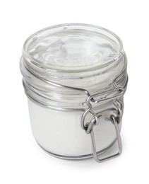 Photo of Baking powder in glass jar isolated on white