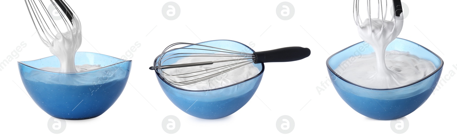 Image of Whisk and bowl with cream isolated on white, collage