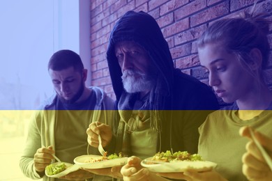 Image of Double exposure of Ukrainian flag and hungry refugees. Help during war