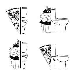 Illustration of Bulimia - eating disorder. Collage with illustrations of cupcakes, pizza and toilet bowls on white background