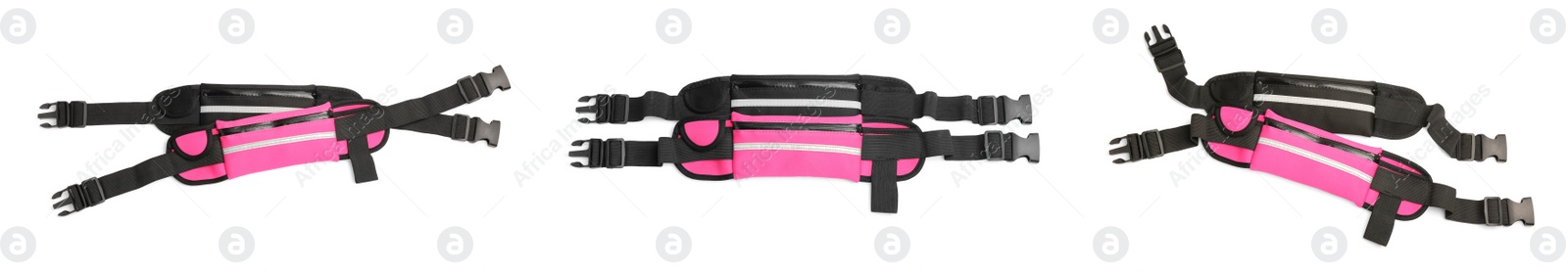 Image of Collage with stylish waist bags (running belts) on white background, top view. Banner design