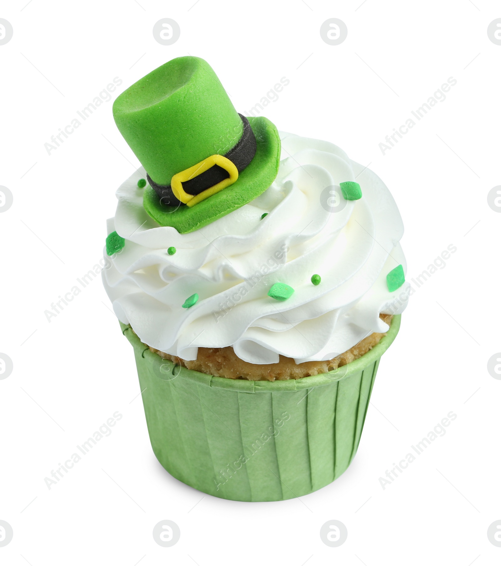 Photo of St. Patrick's day party. Tasty cupcake with green leprechaun hat topper and sprinkles isolated on white