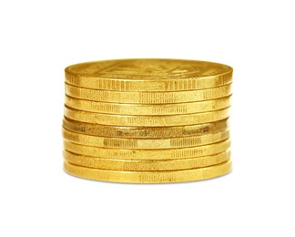 Stack of golden coins on white background