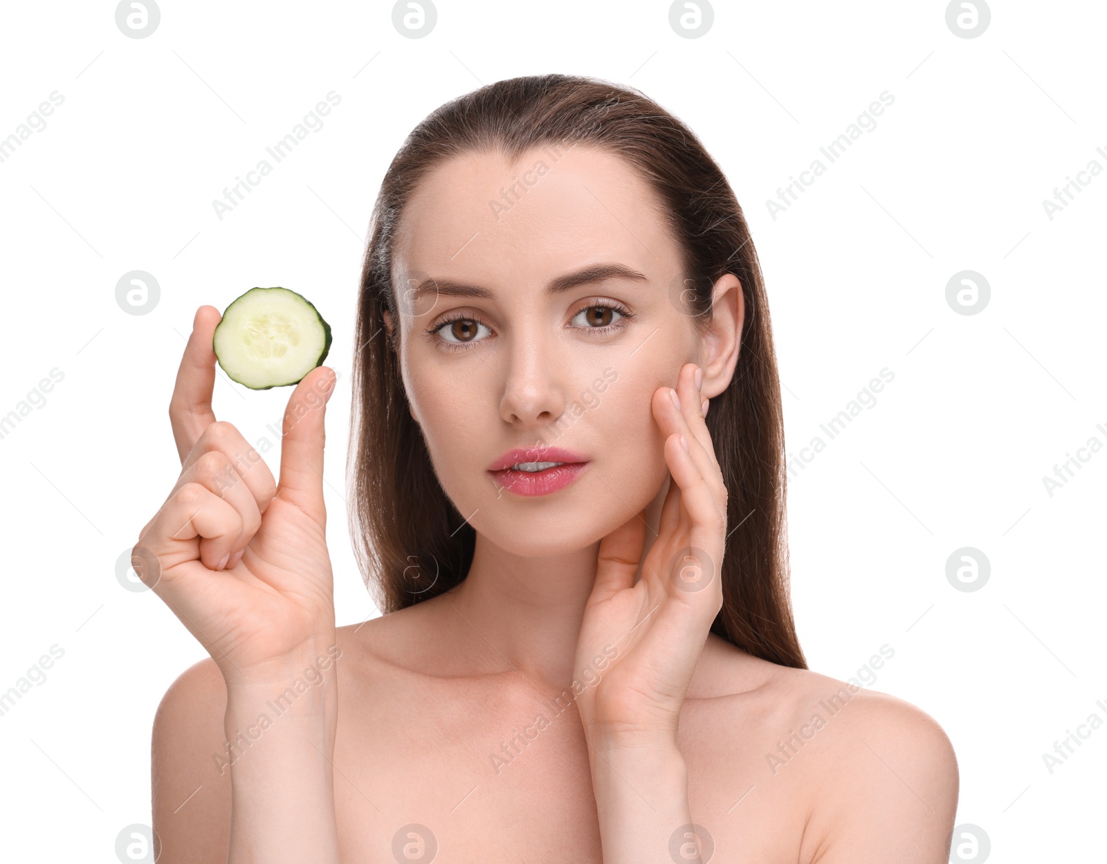 Photo of Beautiful woman with piece of cucumber on white background