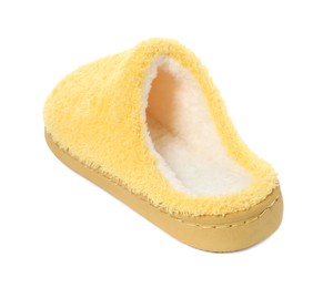 Photo of One yellow soft slipper isolated on white