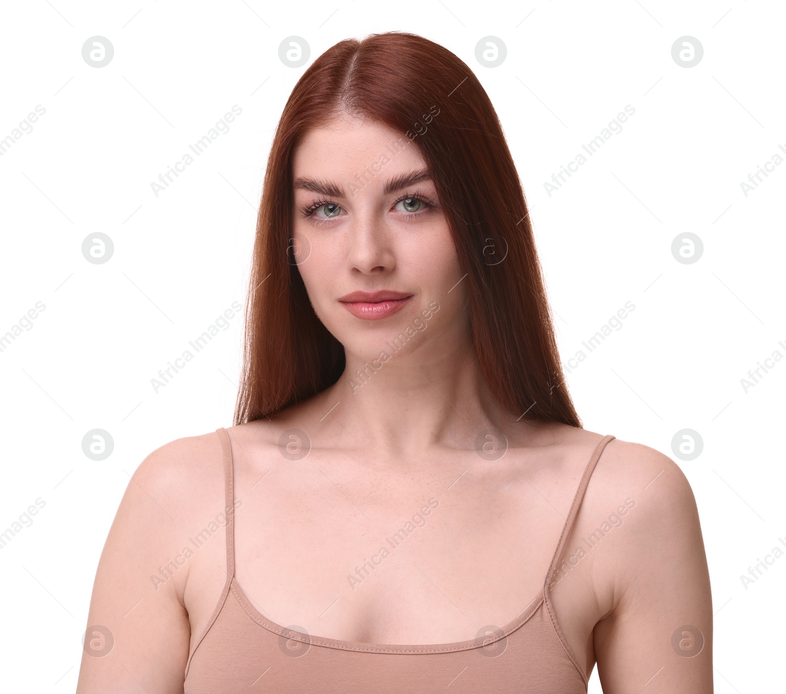 Photo of Portrait of beautiful woman on white background