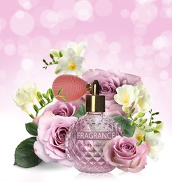Image of Bottle of luxury perfume and beautiful flowers on pink background