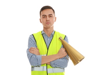Portrait of worker with megaphone on white background