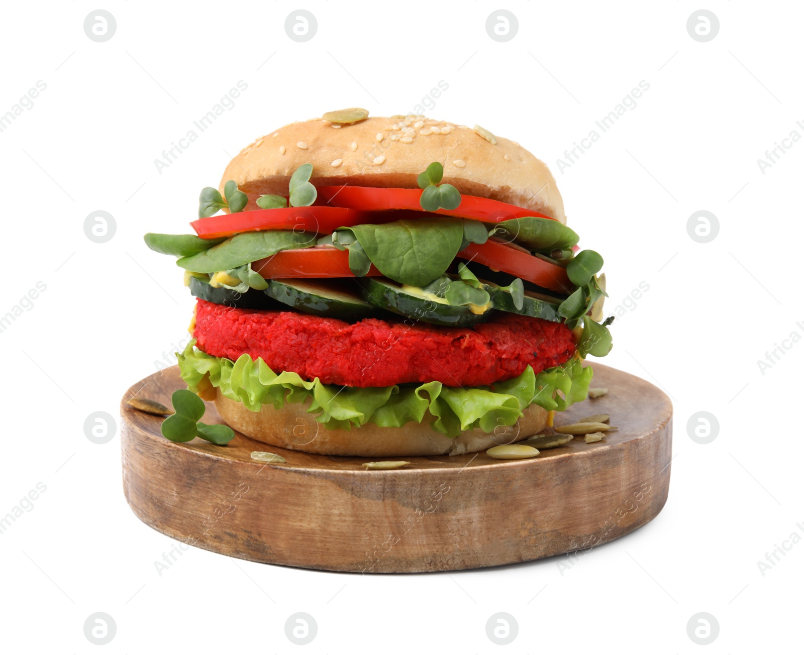 Photo of Tasty vegan burger with vegetables, patty and microgreens isolated on white