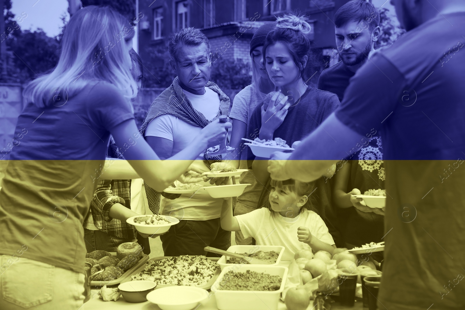 Image of Double exposure of volunteers serving food to refugees and Ukrainian flag. Help during war