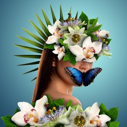 Young woman with beautiful flowers and butterfly on light blue background. Stylish collage design