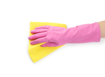 Photo of Person in rubber glove with rag on white background, closeup of hand