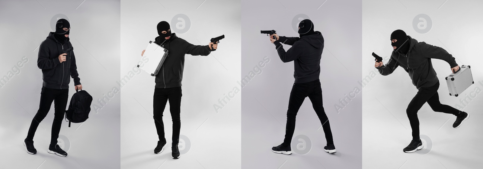 Image of Collage with photos of man in balaclava on grey background