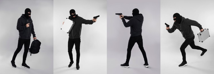 Collage with photos of man in balaclava on grey background