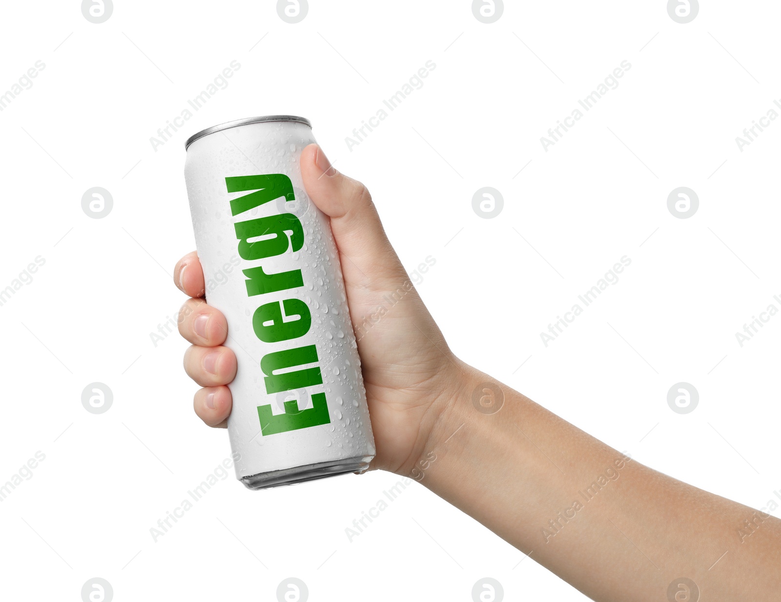 Image of Woman holding can of energy drink on white background, closeup 