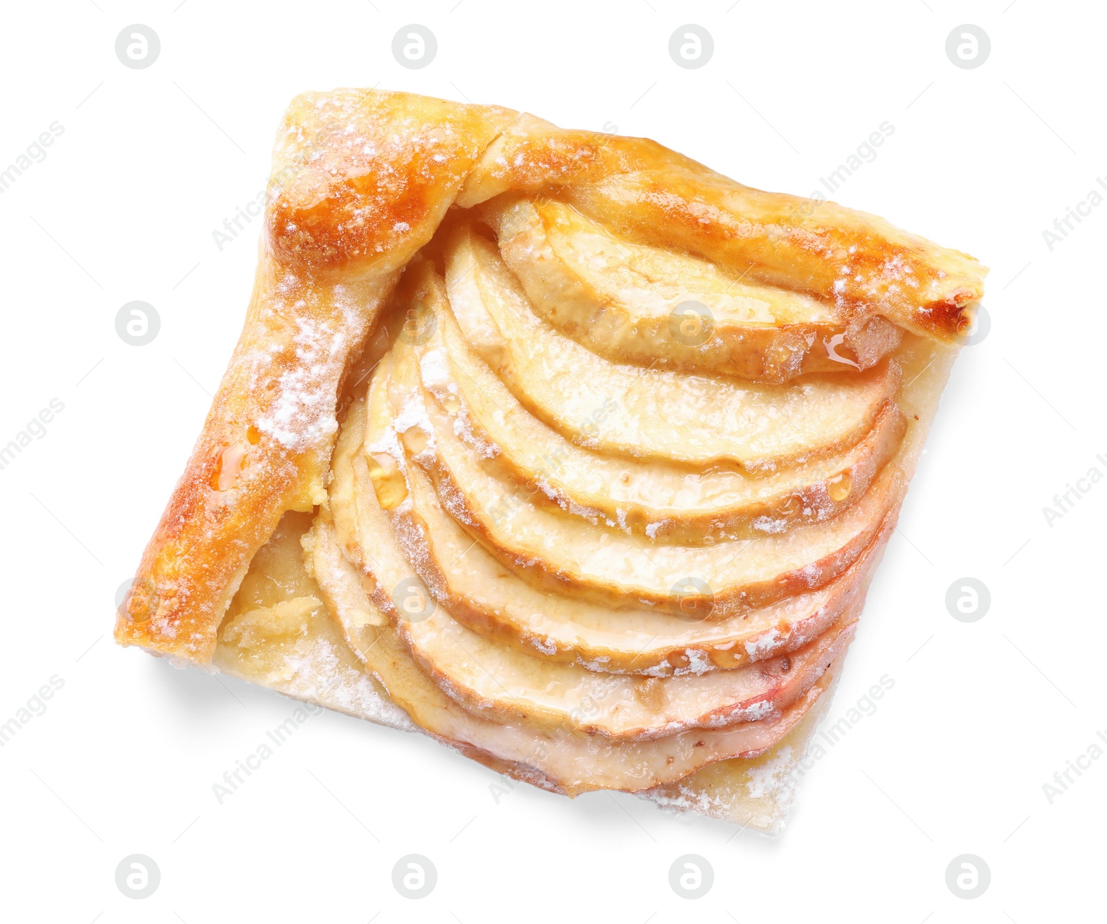 Photo of Piece of delicious apple pie isolated on white, top view