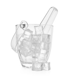 Photo of Glass bucket with ice cubes and tongs on white background