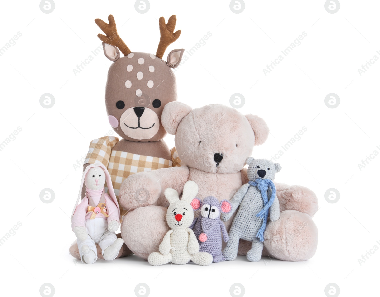 Photo of Different cute soft toys on white background