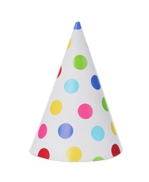 Photo of Bright party hat isolated on white. Festive accessory