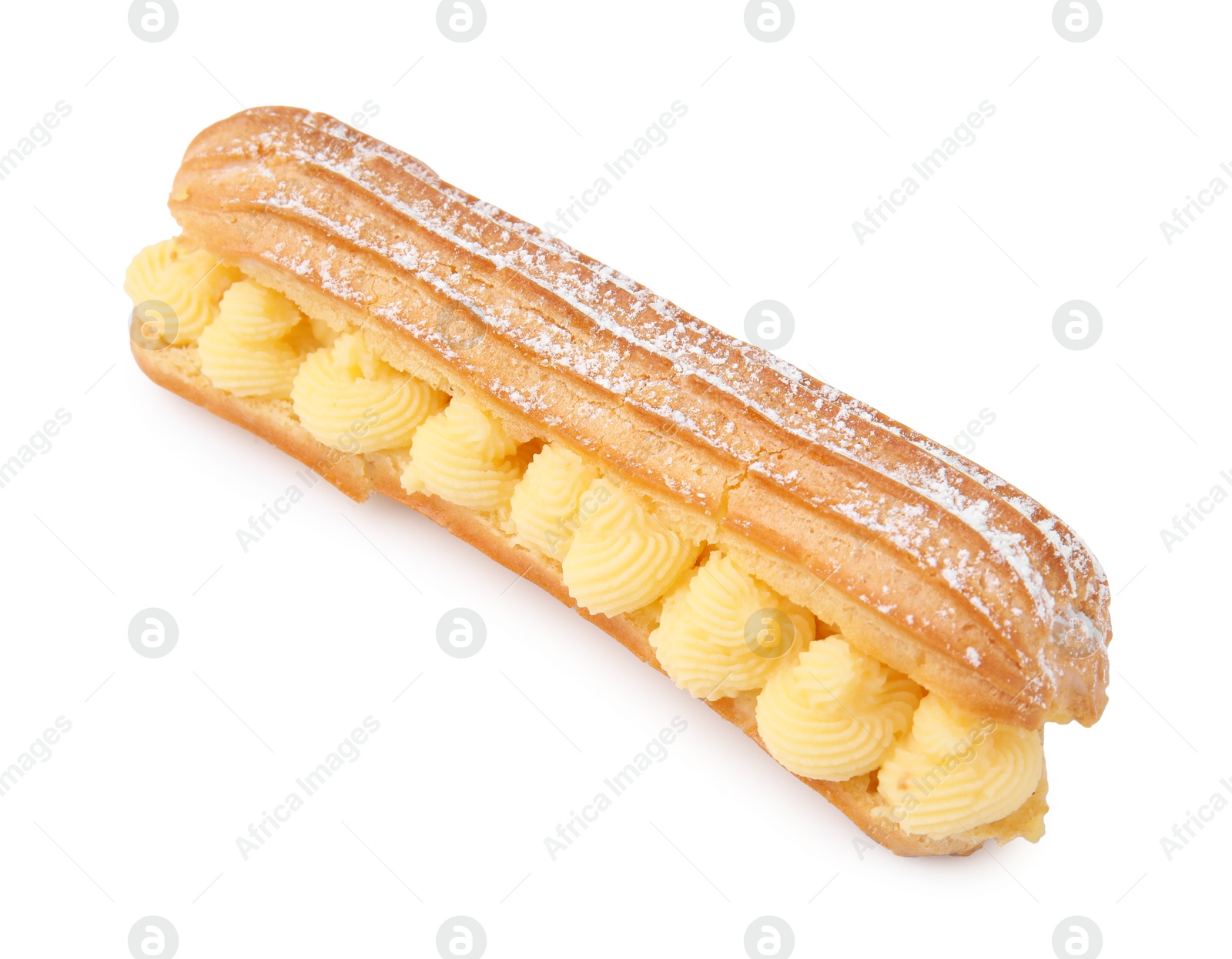 Photo of Delicious eclair filled with cream isolated on white