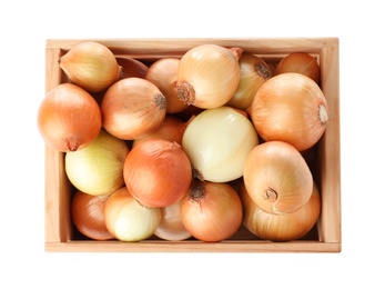 Photo of Wooden crate full of fresh onion bulbs on white background, top view