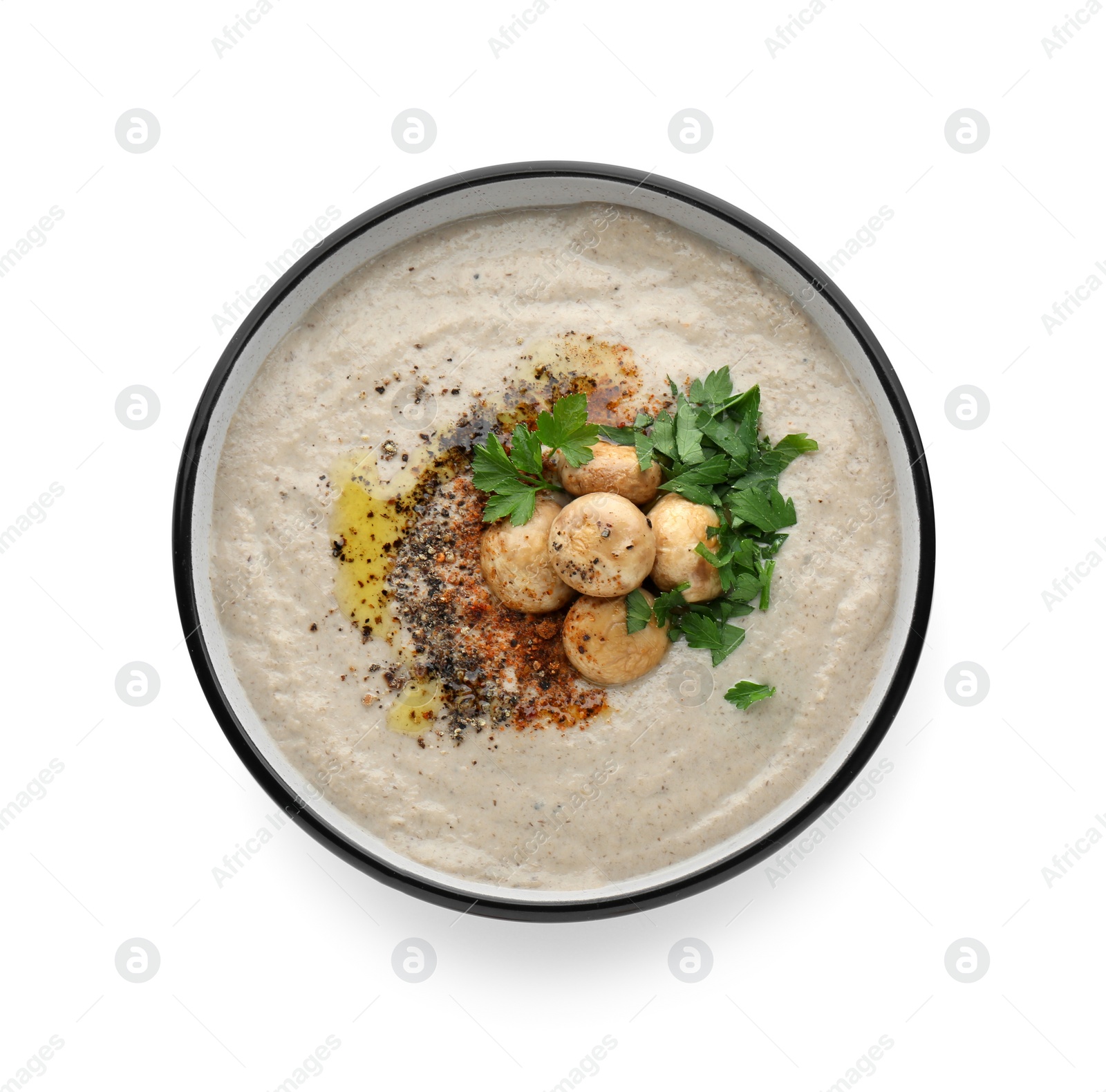 Photo of Delicious cream soup with mushrooms on white background, top view