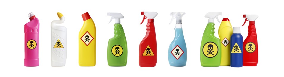 Image of Set with different toxic household chemicals with warning signs on white background. Banner design