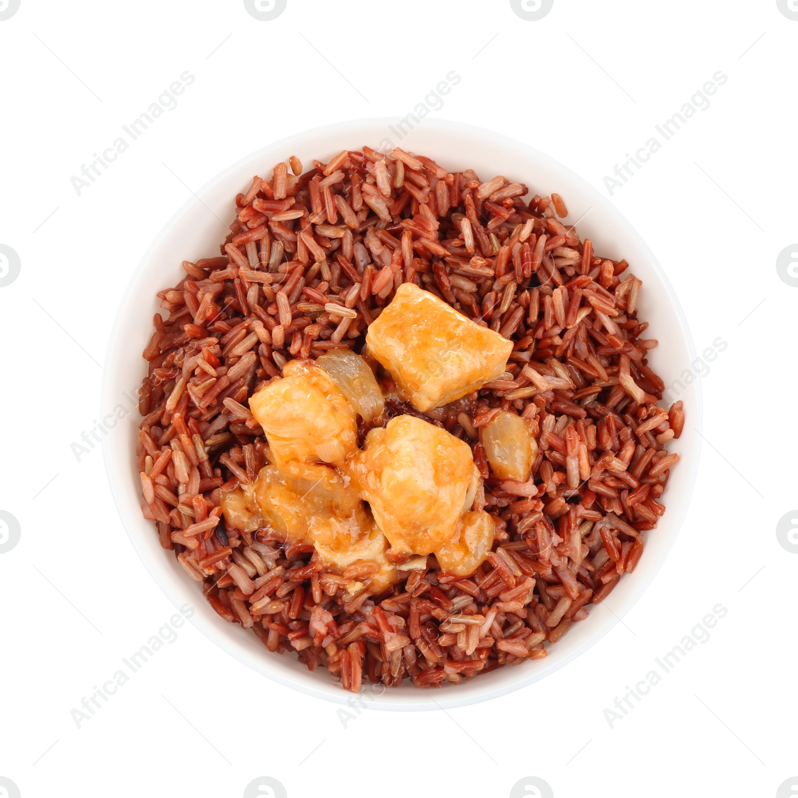 Photo of Delicious brown rice in bowl isolated on white, top view