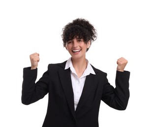 Photo of Beautiful emotional businesswoman in suit on white background