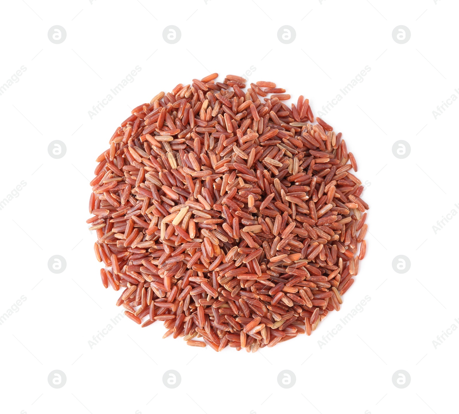 Photo of Uncooked brown rice isolated on white, top view