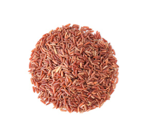 Photo of Uncooked brown rice isolated on white, top view