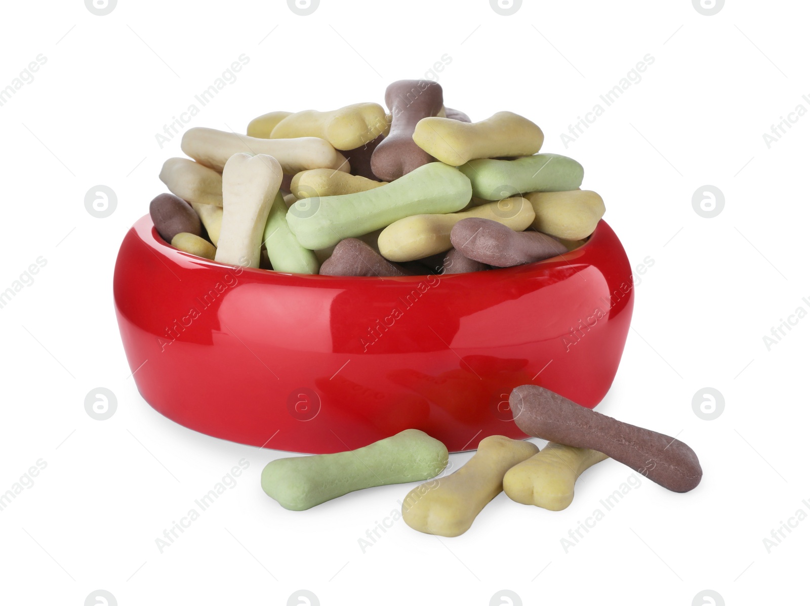 Photo of Different bone shaped dog cookies and feeding bowl on white background