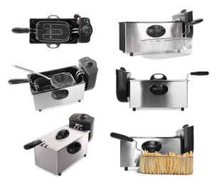 Image of Set with modern deep fryers on white background
