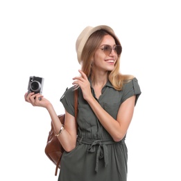 Photo of Happy woman with backpack and camera on white background. Summer travel