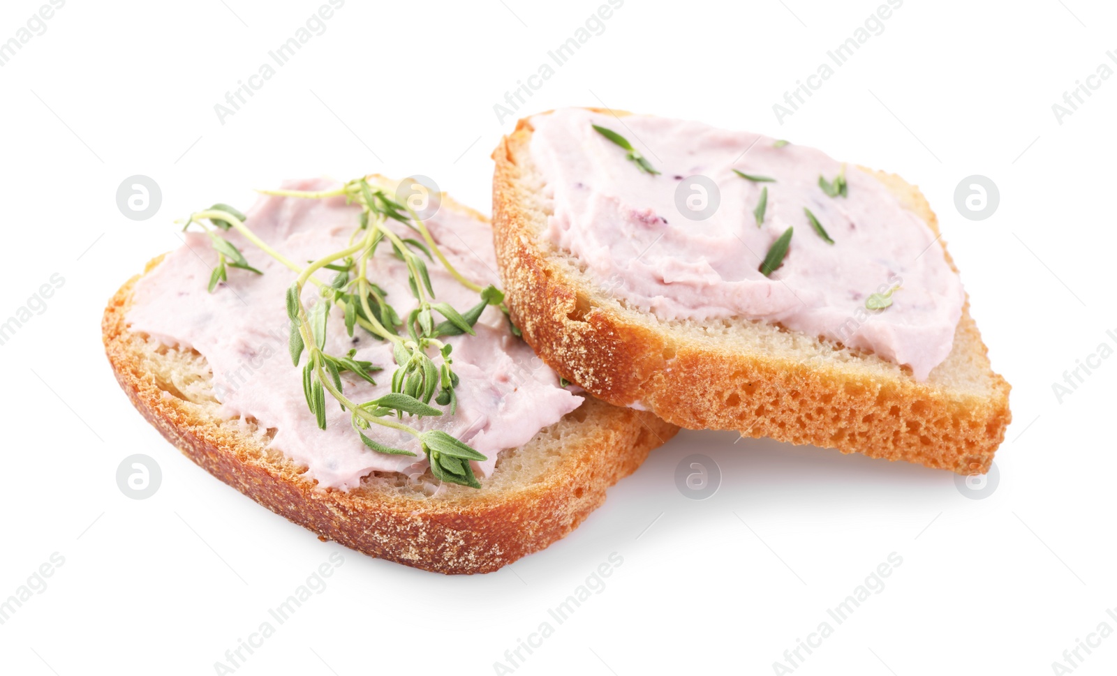 Photo of Tasty sandwiches with cream cheese and thyme isolated on white