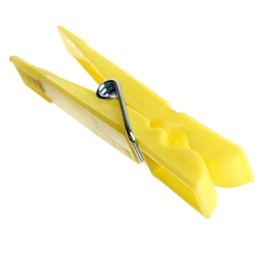 Photo of Bright yellow plastic clothespin isolated on white