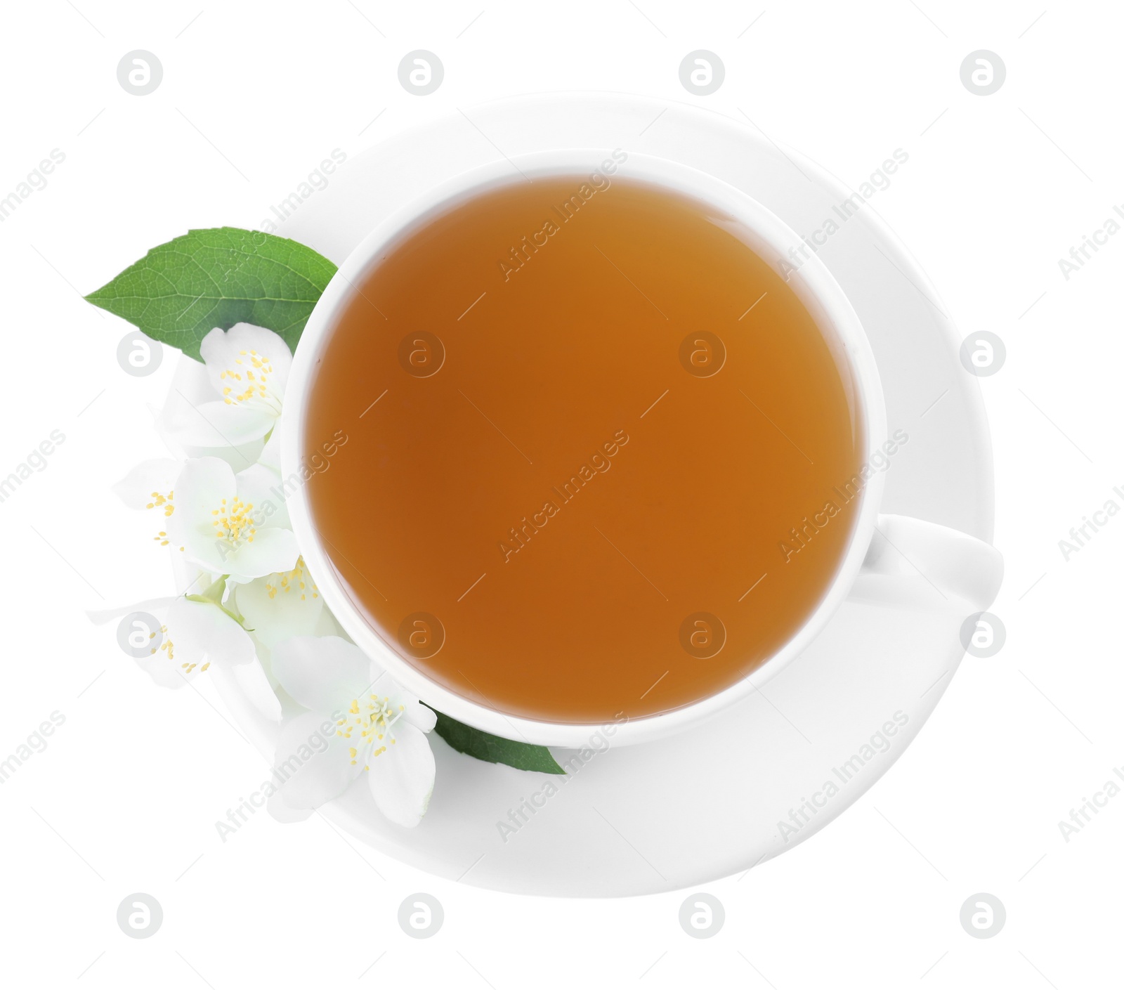 Photo of Cup of tea and fresh jasmine flowers isolated on white, top view