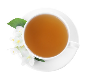 Photo of Cup of tea and fresh jasmine flowers isolated on white, top view