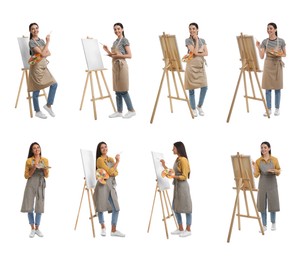 Image of Young women drawing on easels against white background, collage 
