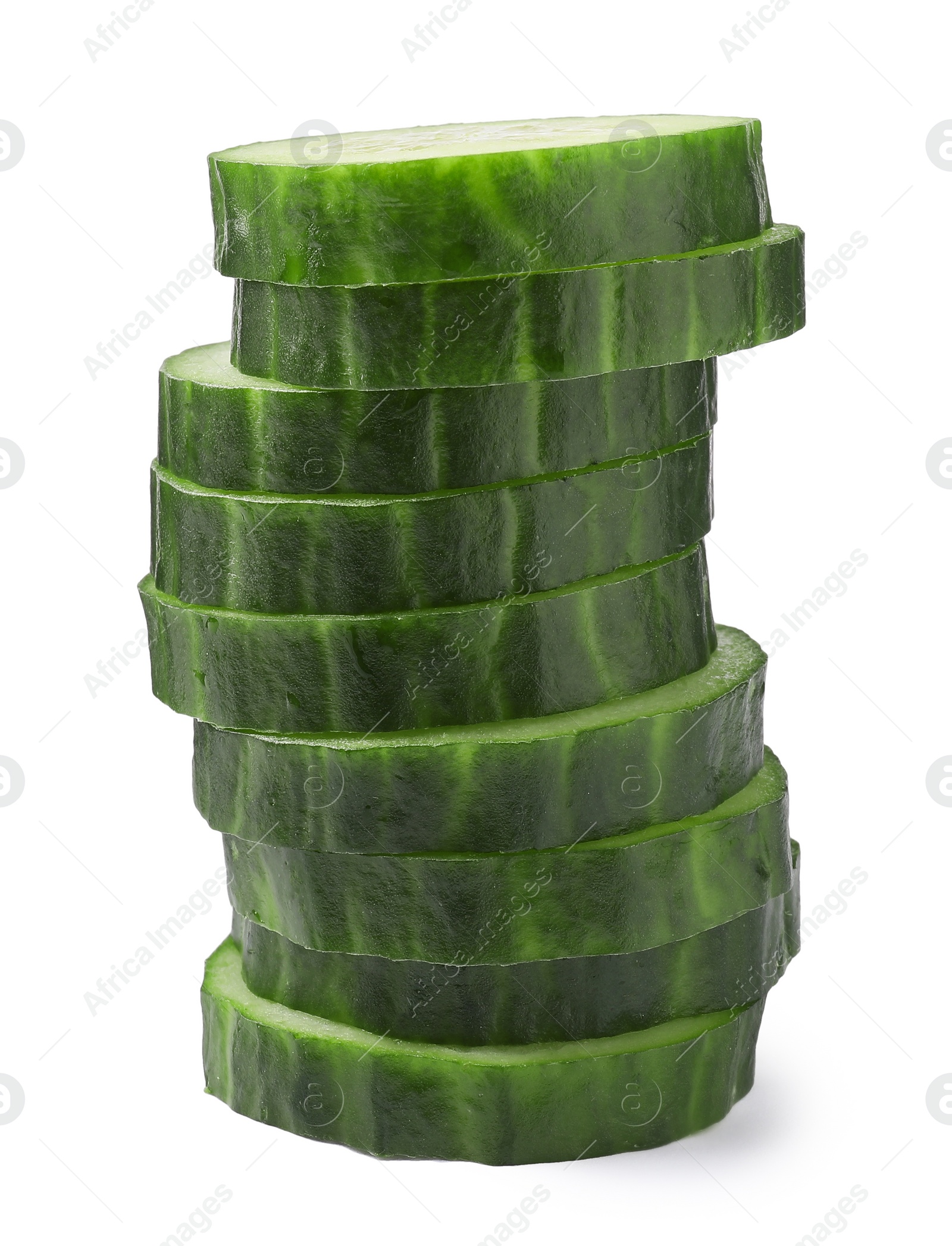 Photo of Stack of fresh cut cucumber isolated on white