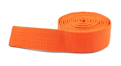 Orange karate belt isolated on white. Martial arts uniform