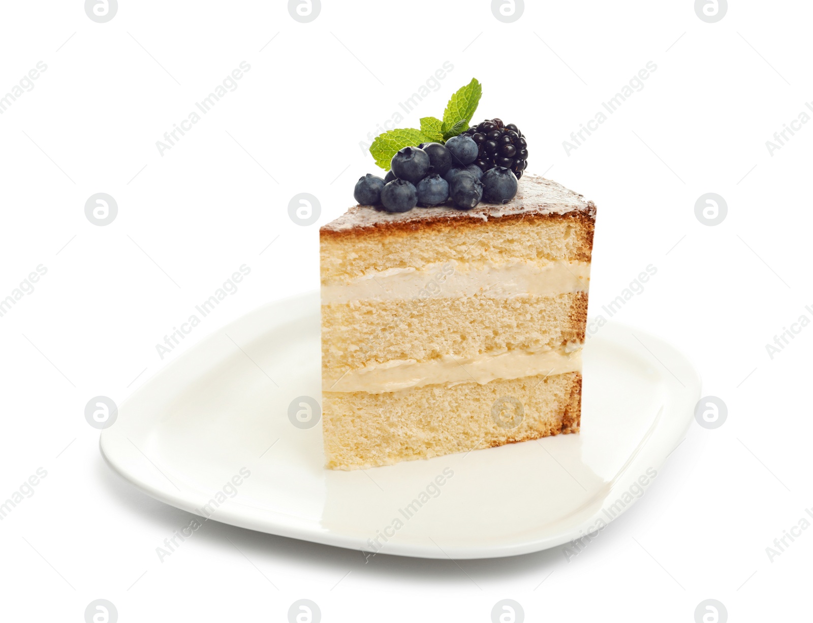 Photo of Piece of delicious homemade cake with fresh berries on white background