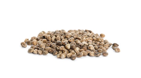 Photo of Pile of hemp seeds on white background