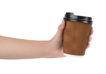 Photo of Woman holding takeaway paper coffee cup on white background, closeup