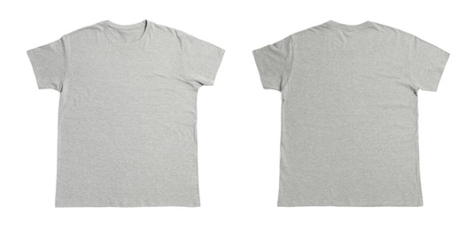 Image of Grey t-shirt with space for design isolated on white. Back and front views