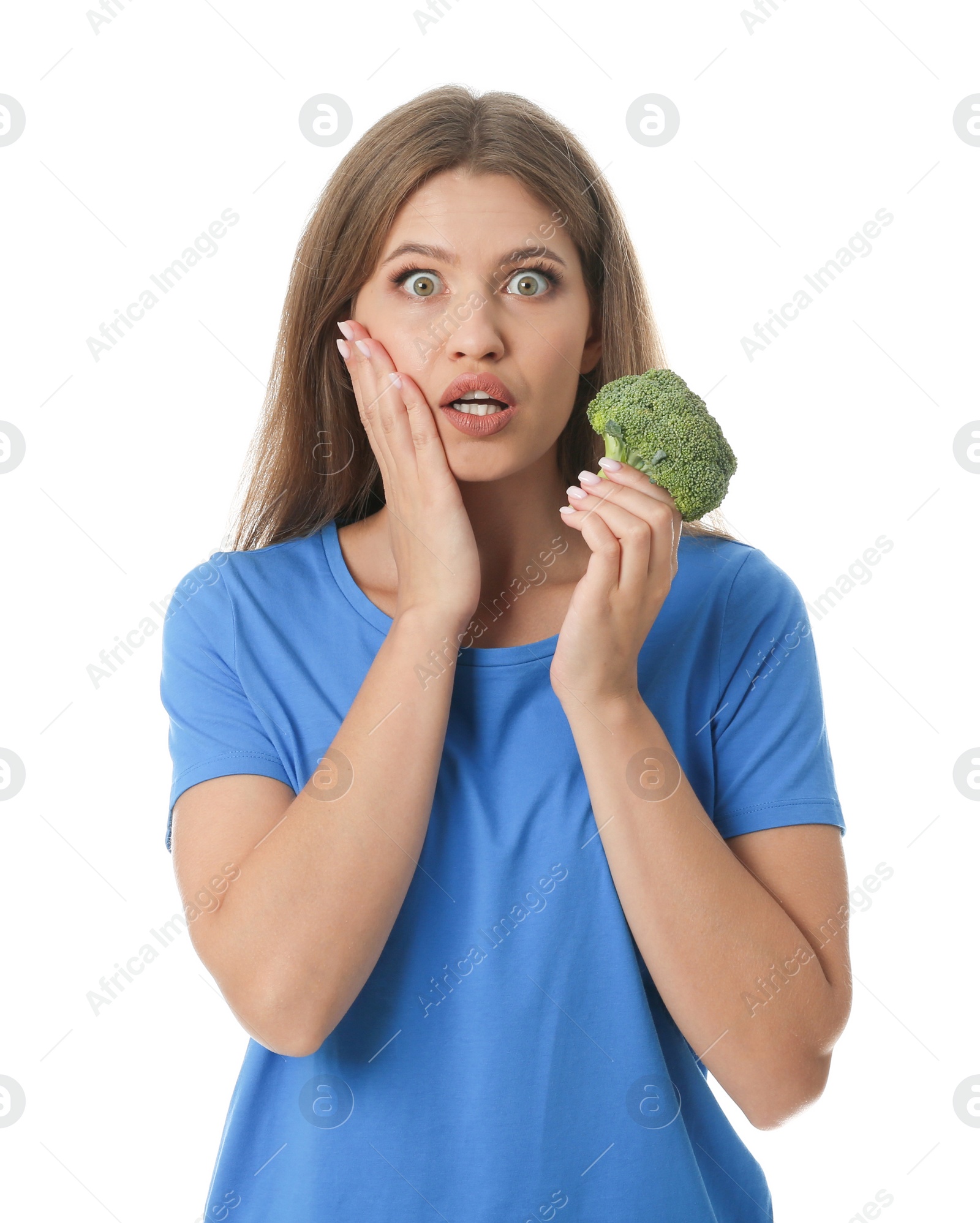 Photo of Portrait of emotional woman with broccoli on white background