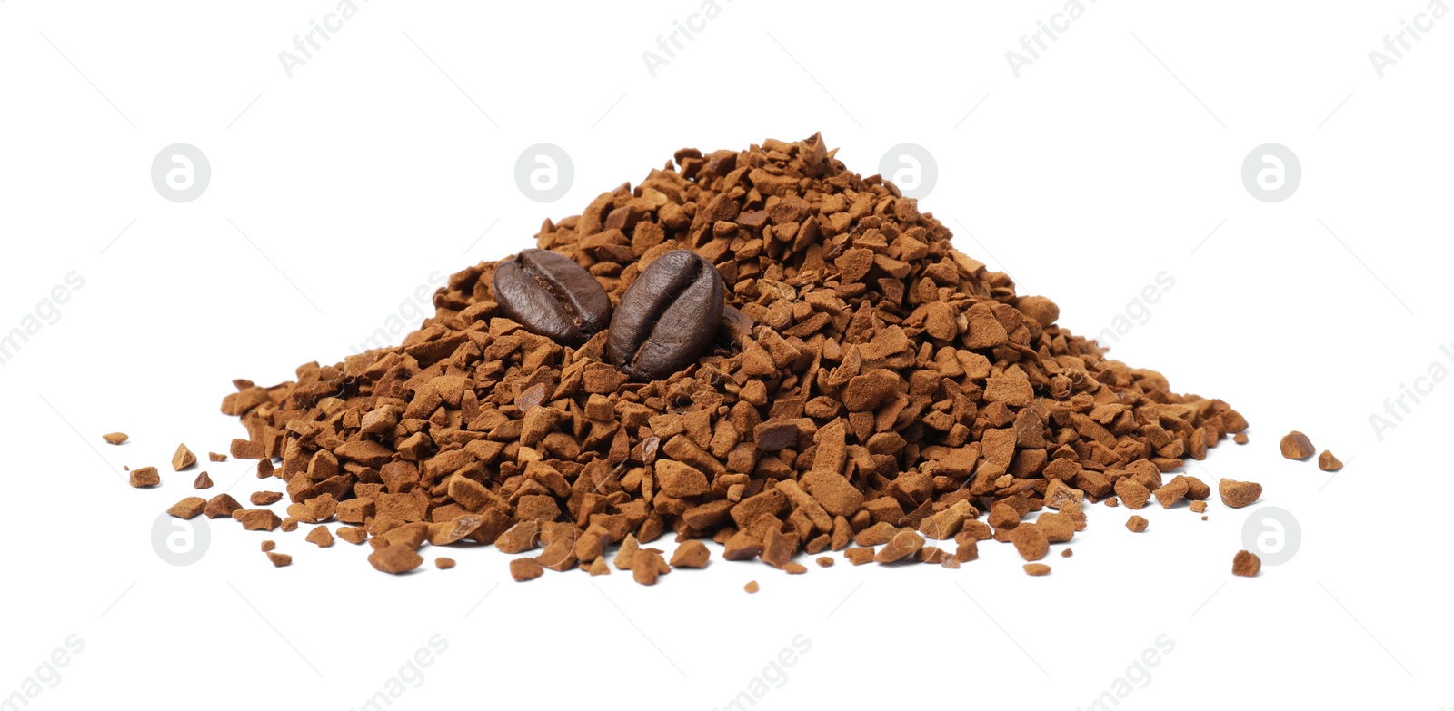 Photo of Heap of instant coffee and beans on white background